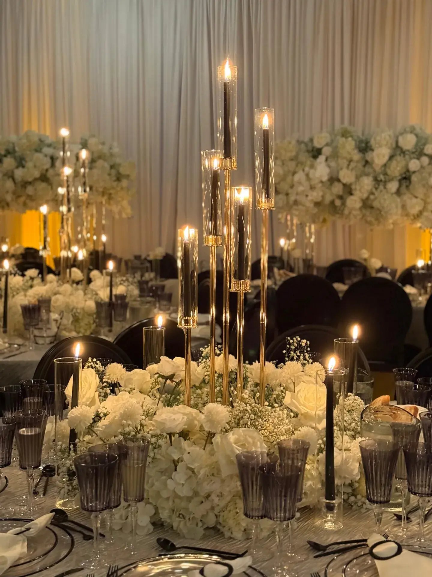 Gold Candelabras · White Floral Base — 620 Loft & Garden · New York City, by Let's Bloom Florist