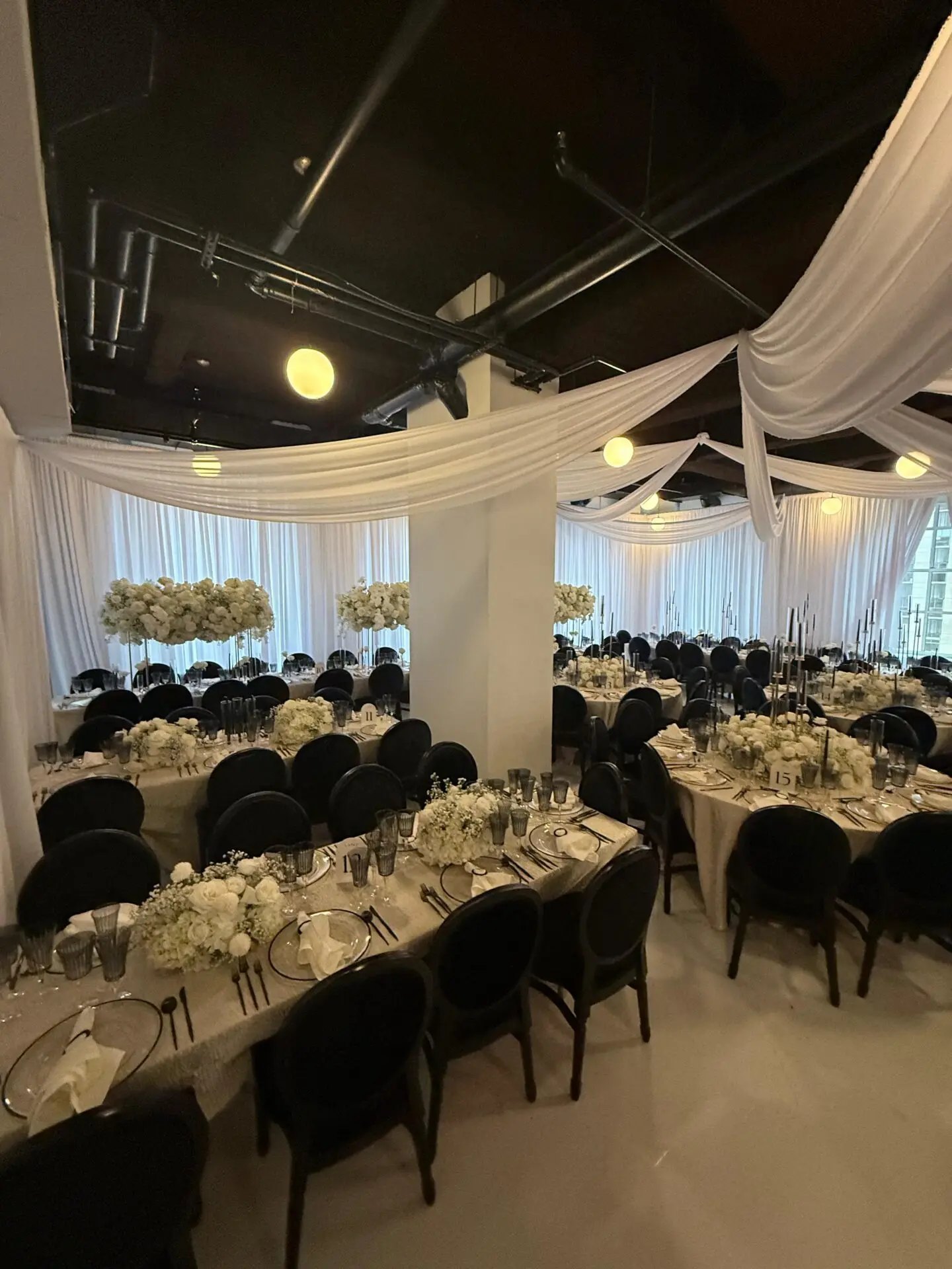 Full Room · Long Tables & White Ceiling Draping — 620 Loft & Garden · New York City, by Let's Bloom Florist