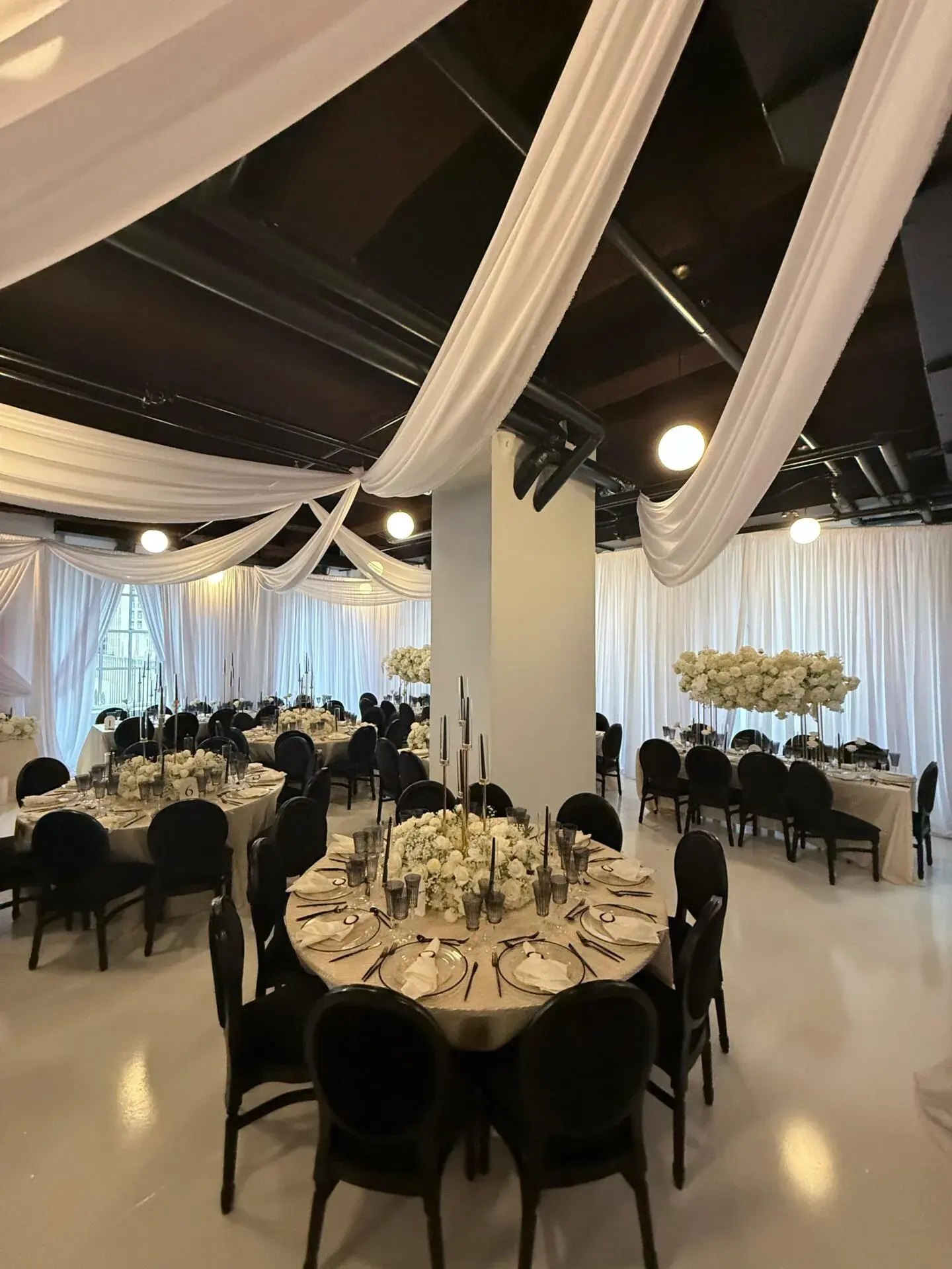 Reception Room · White Ceiling Draping — 620 Loft & Garden · New York City, by Let's Bloom Florist