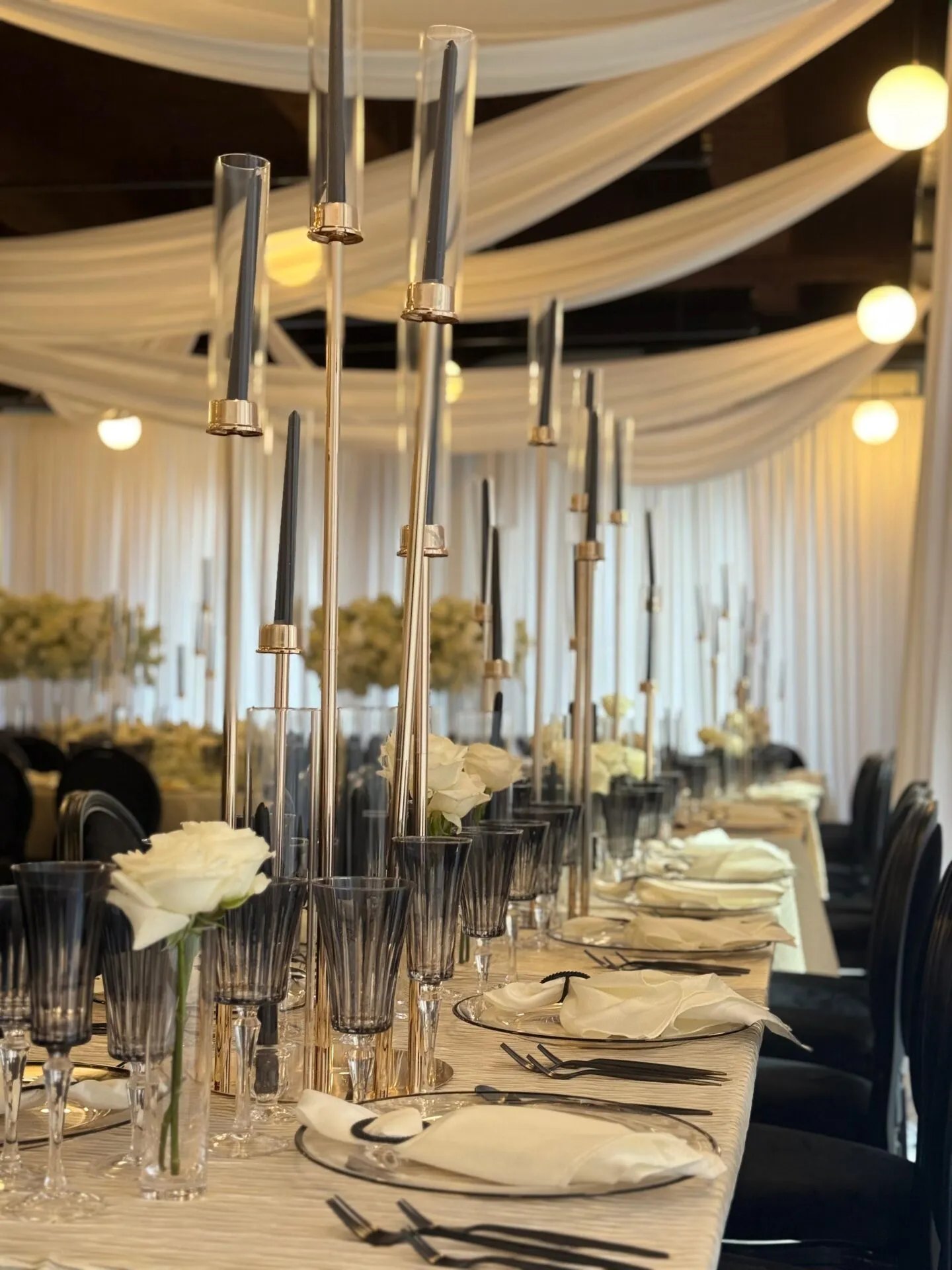 Reception Room · Gold Candelabras & Black Tapers — 620 Loft & Garden · New York City, by Let's Bloom Florist