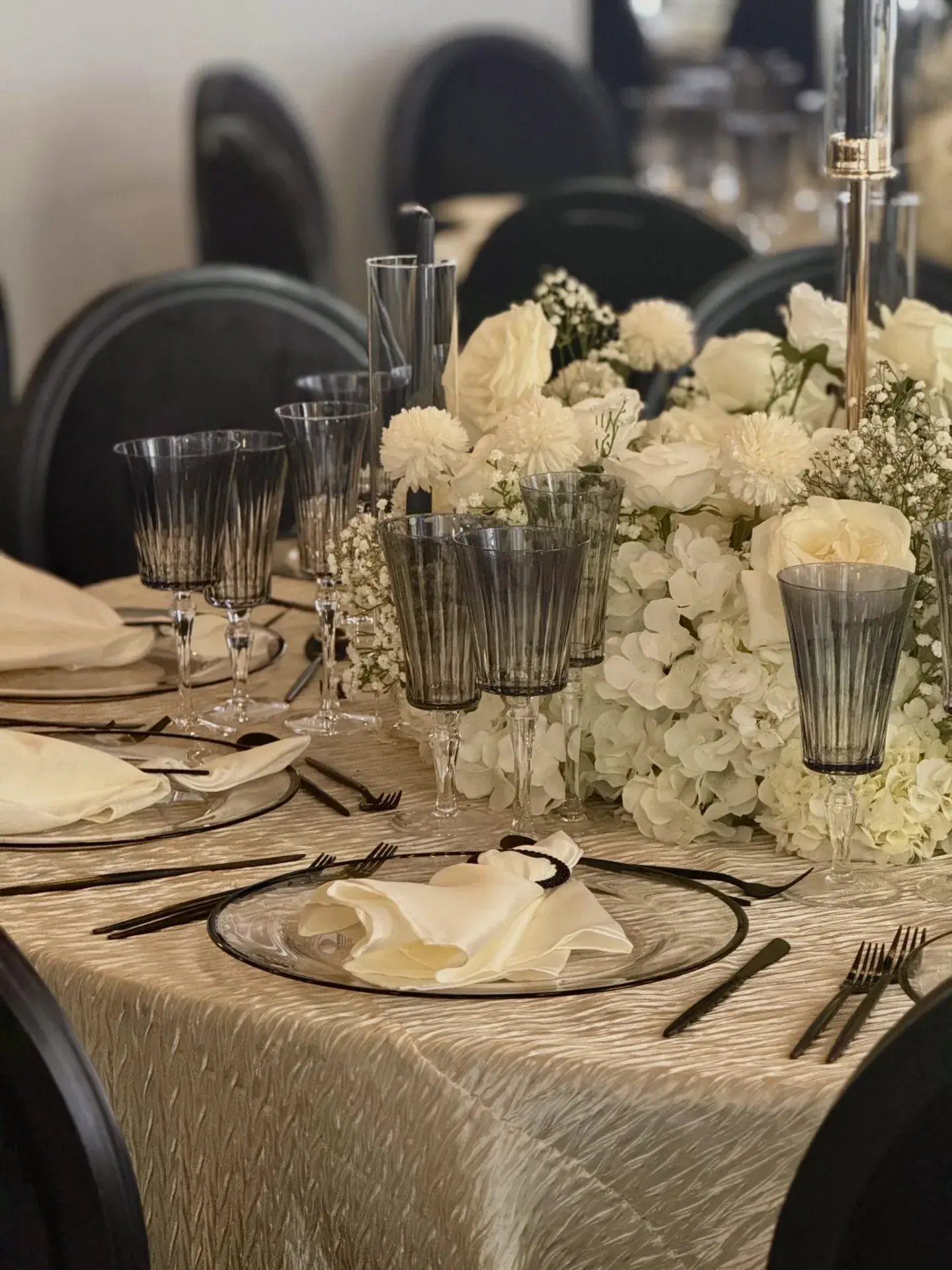 Table Setting · Smoked Glass & Black Accents — 620 Loft & Garden · New York City, by Let's Bloom Florist