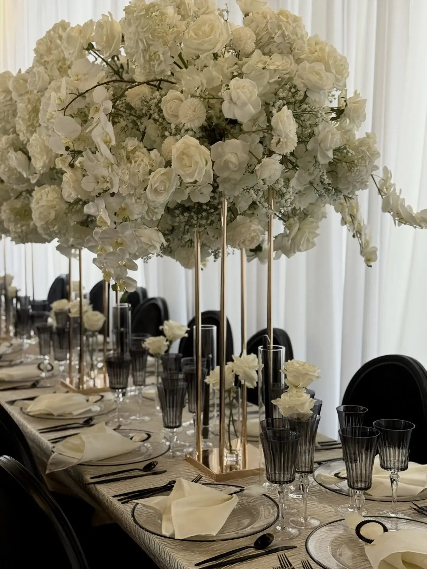 Tall Floral Cloud · Gold Pedestal Stands — 620 Loft & Garden · New York City, by Let's Bloom Florist