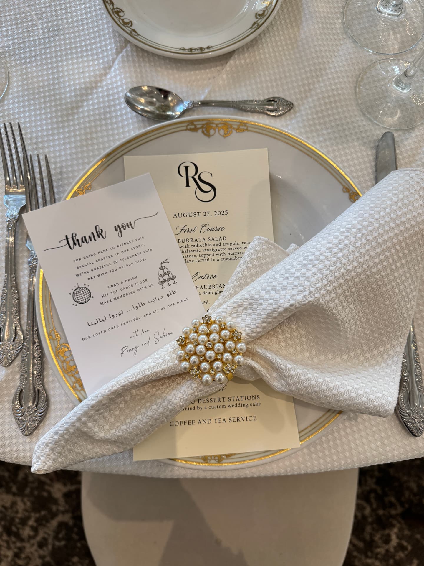 Place Setting · Pearl Napkin Ring & Menu Cards — Park Chateau Estate & Garden · East Brunswick, NJ, by Let's Bloom Florist