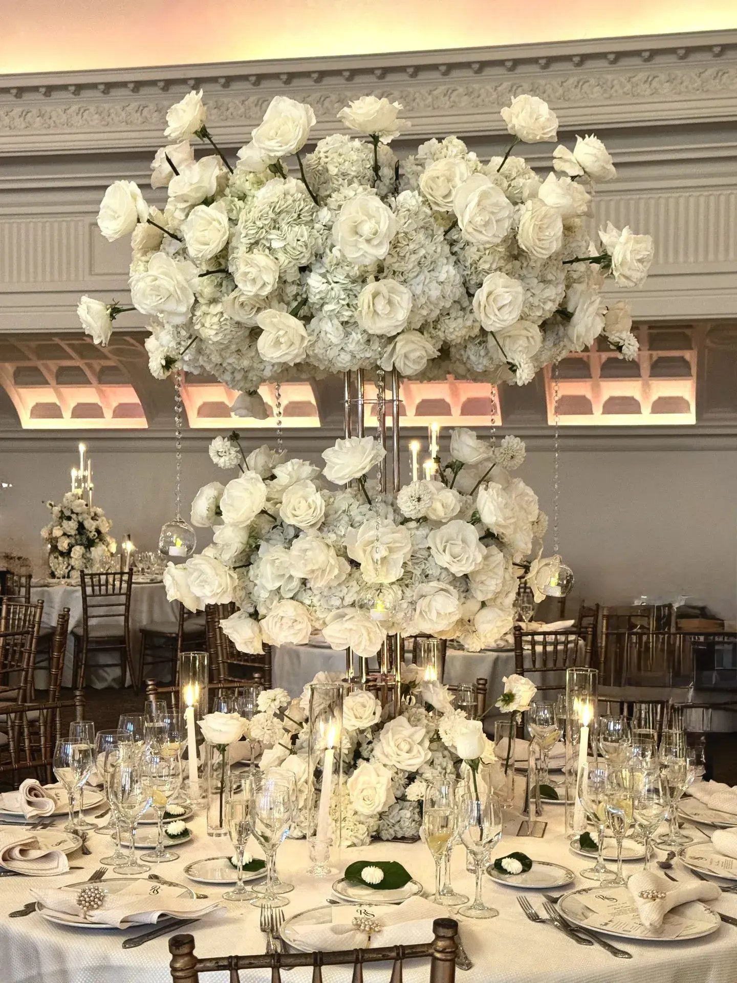 3-Tier Centerpiece · Crystal Details — Park Chateau Estate & Garden · East Brunswick, NJ, by Let's Bloom Florist