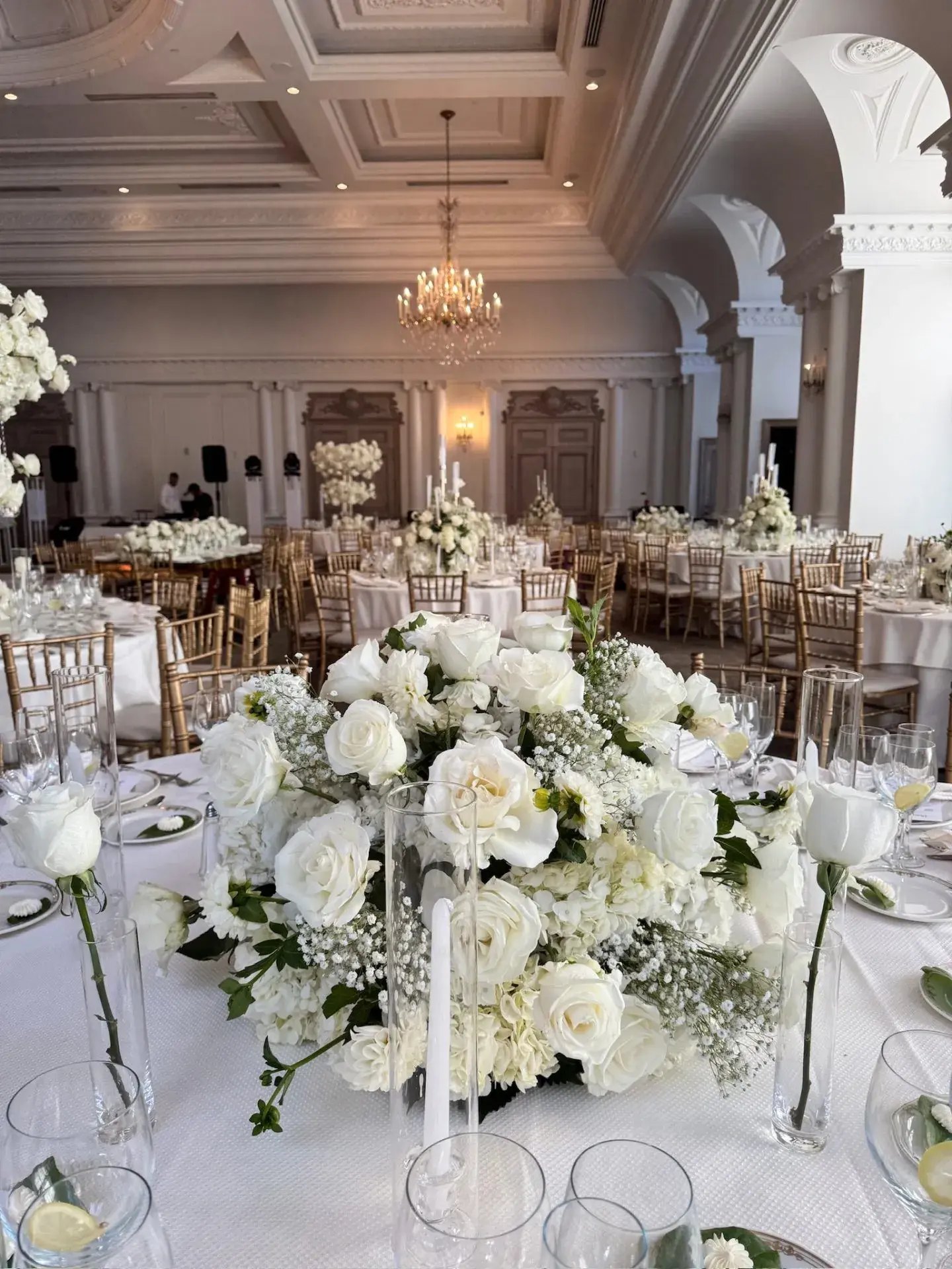 Low Dome Centerpiece · White Roses & Baby's Breath — Park Chateau Estate & Garden · East Brunswick, NJ, by Let's Bloom Florist