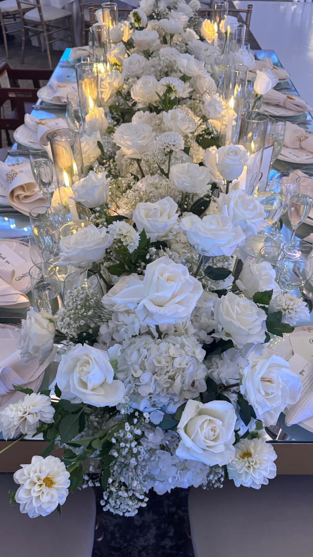 Long Table · White Rose & Hydrangea Runner — Park Chateau Estate & Garden · East Brunswick, NJ, by Let's Bloom Florist