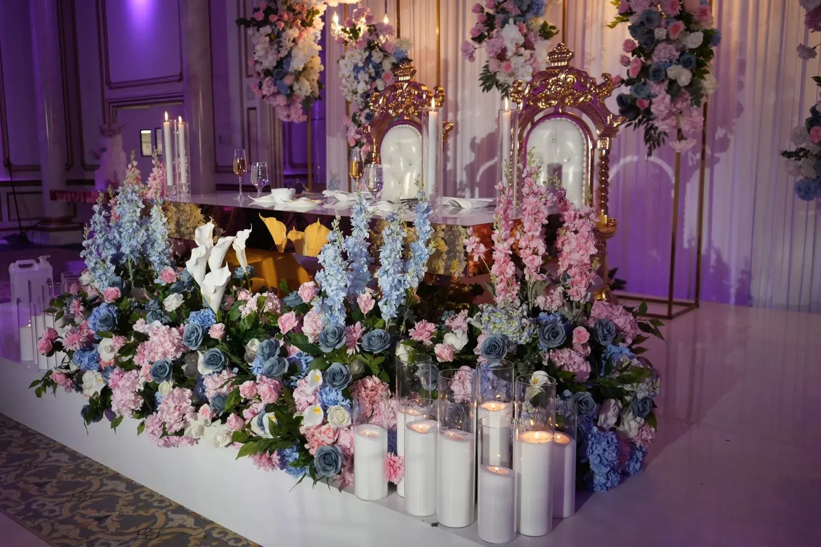 Gold throne sweetheart table with a full floral installation at The Legacy Castle, NJ, by Let's Bloom Florist
