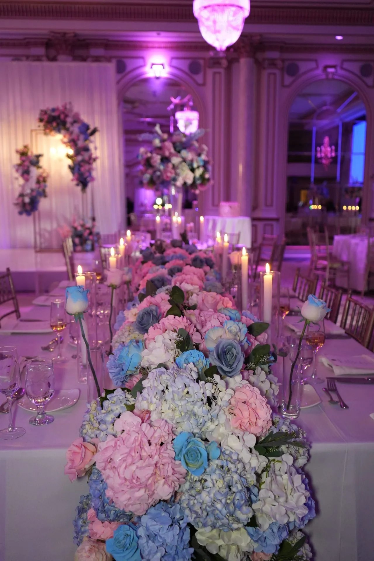 Grand Ballroom · Floral Runner & Purple Uplighting — The Legacy Castle · Pompton Plains, NJ, by Let's Bloom Florist