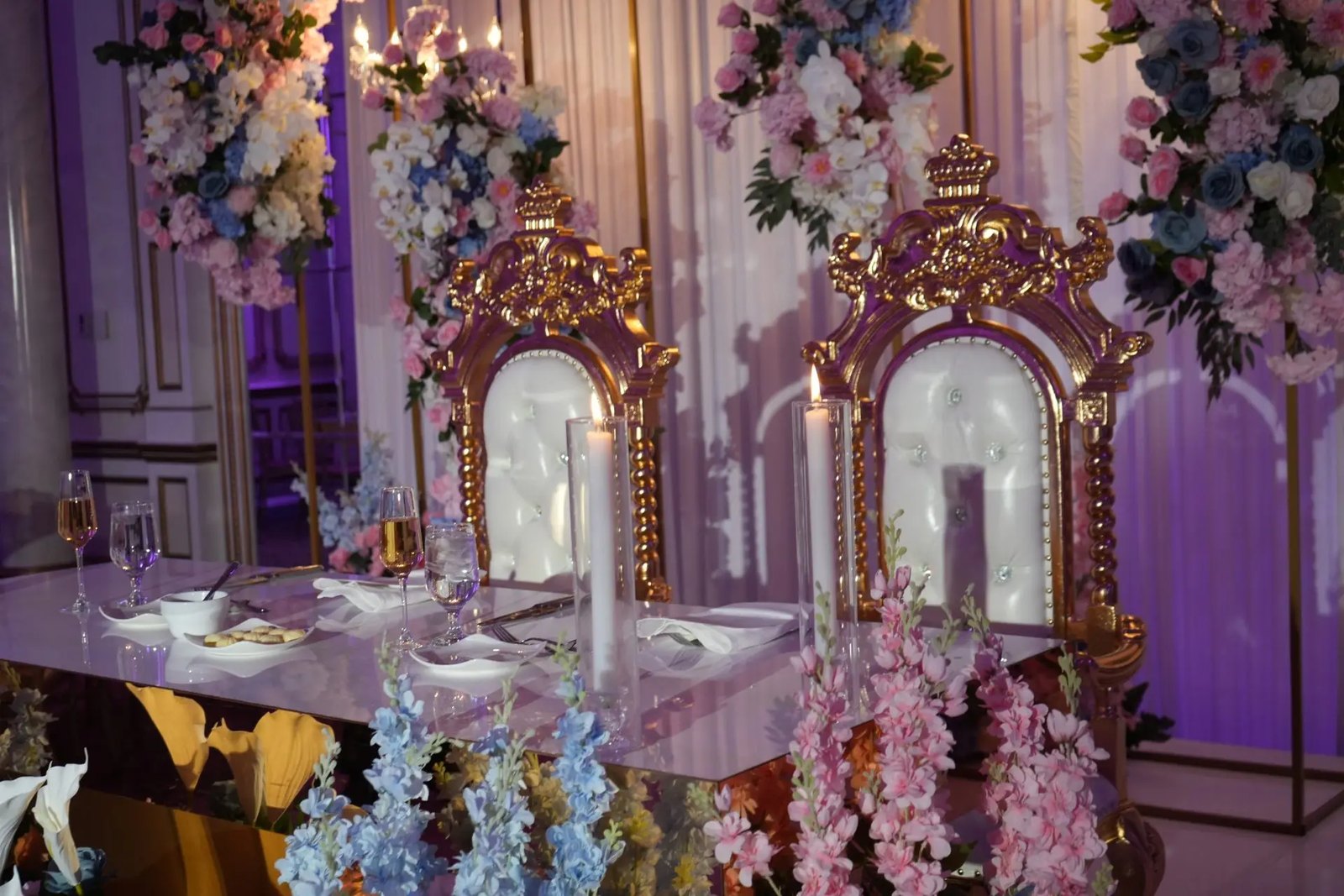 Sweetheart Table · Gold Thrones & Candlelight — The Legacy Castle · Pompton Plains, NJ, by Let's Bloom Florist