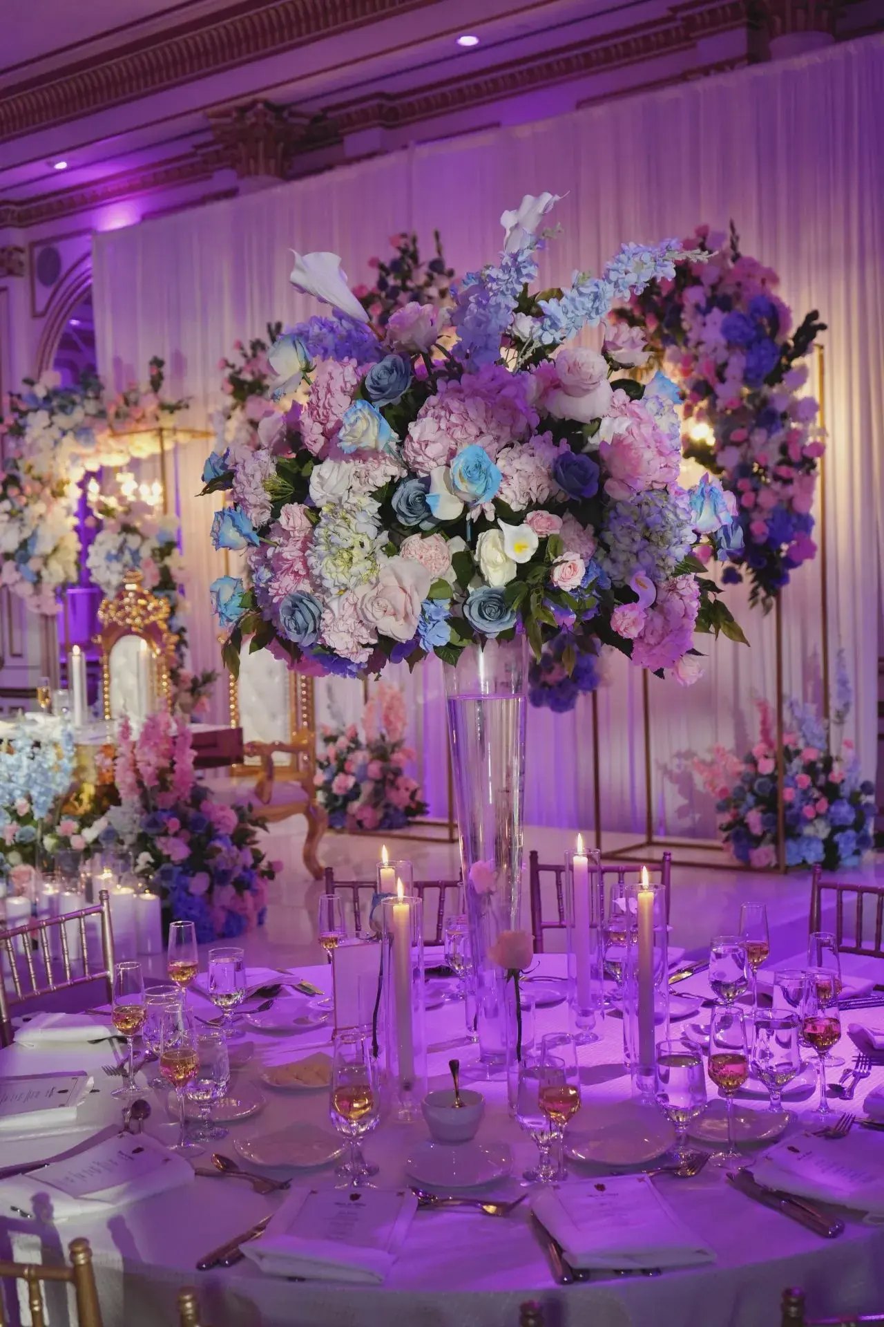 Tall Centerpiece · Pink, Blue & White Blooms — The Legacy Castle · Pompton Plains, NJ, by Let's Bloom Florist