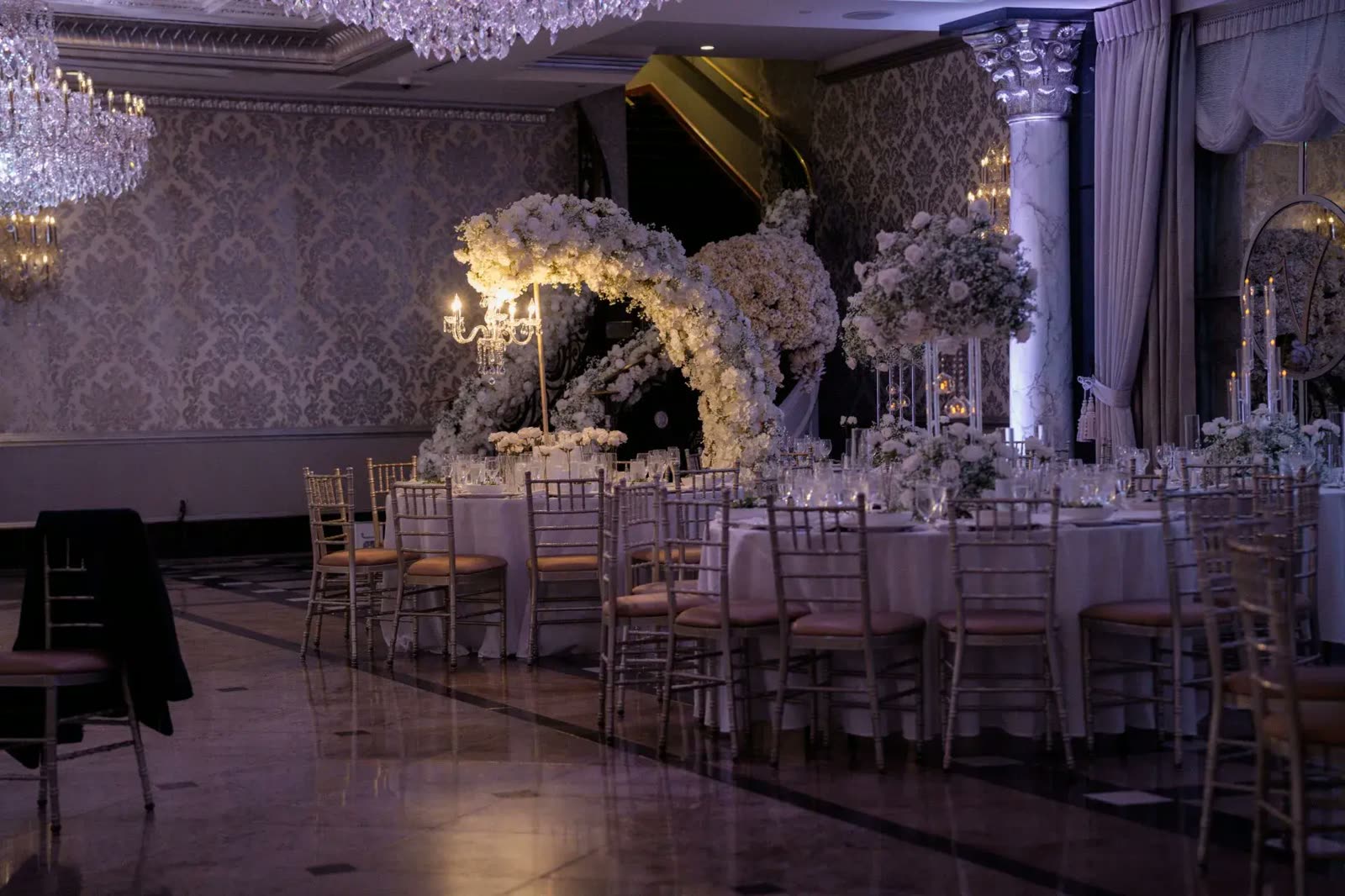 Reception Hall · Head Table View — The Venetian · Garfield, NJ, by Let's Bloom Florist