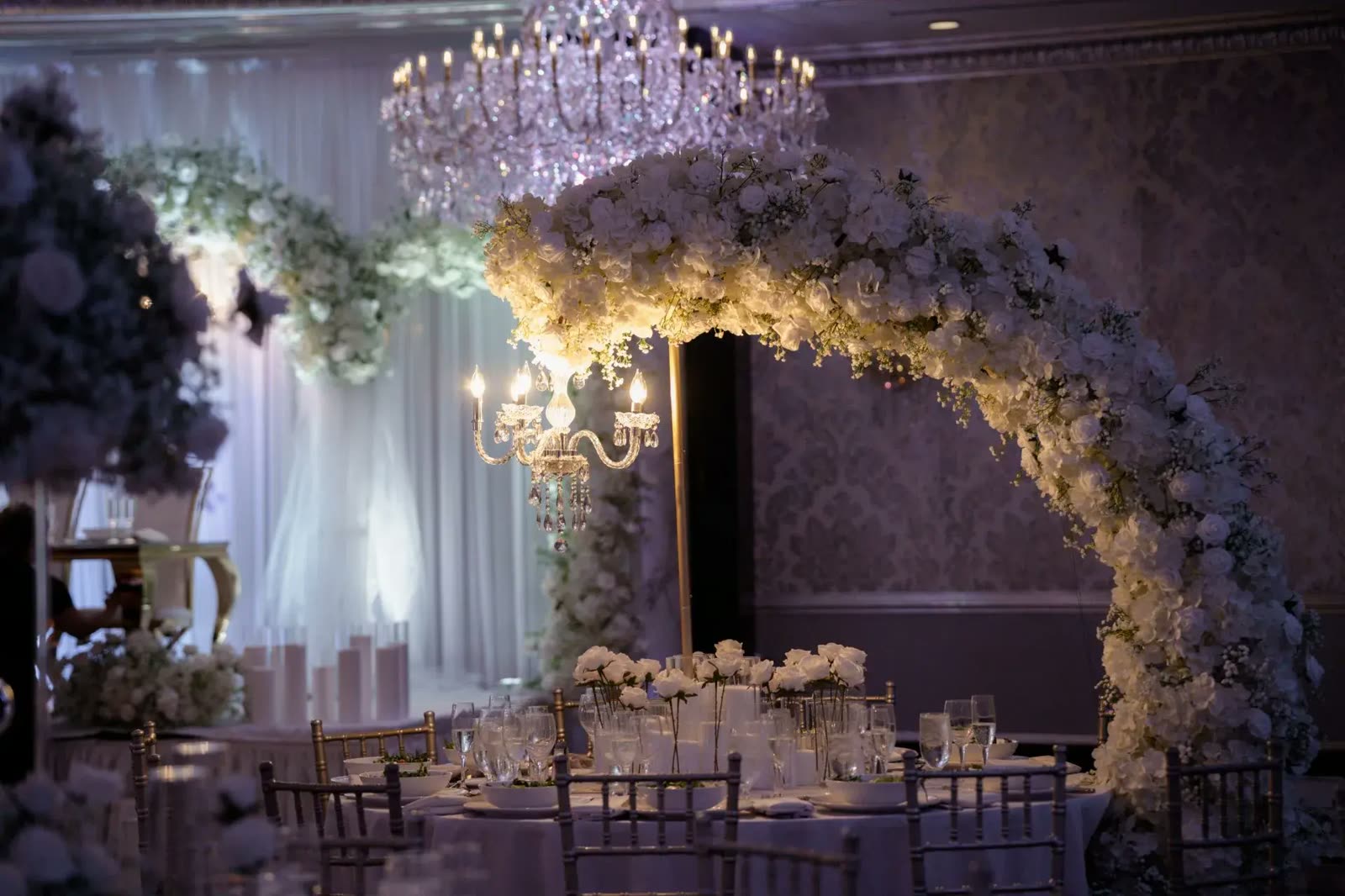 Floral Moon Arch · Crystal Candelabra — The Venetian · Garfield, NJ, by Let's Bloom Florist