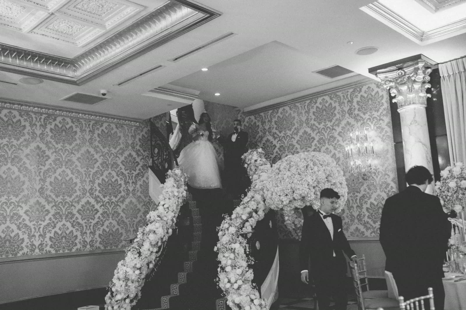 Grand Staircase · White Floral Garland — The Venetian · Garfield, NJ, by Let's Bloom Florist