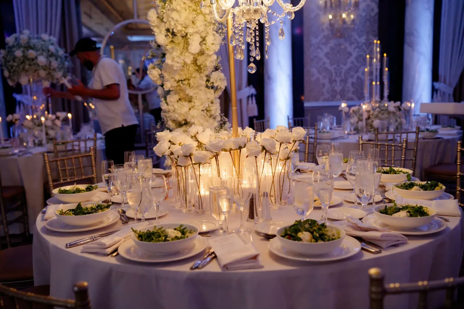 Table Detail · Single Stem Roses & Candles — The Venetian · Garfield, NJ, by Let's Bloom Florist