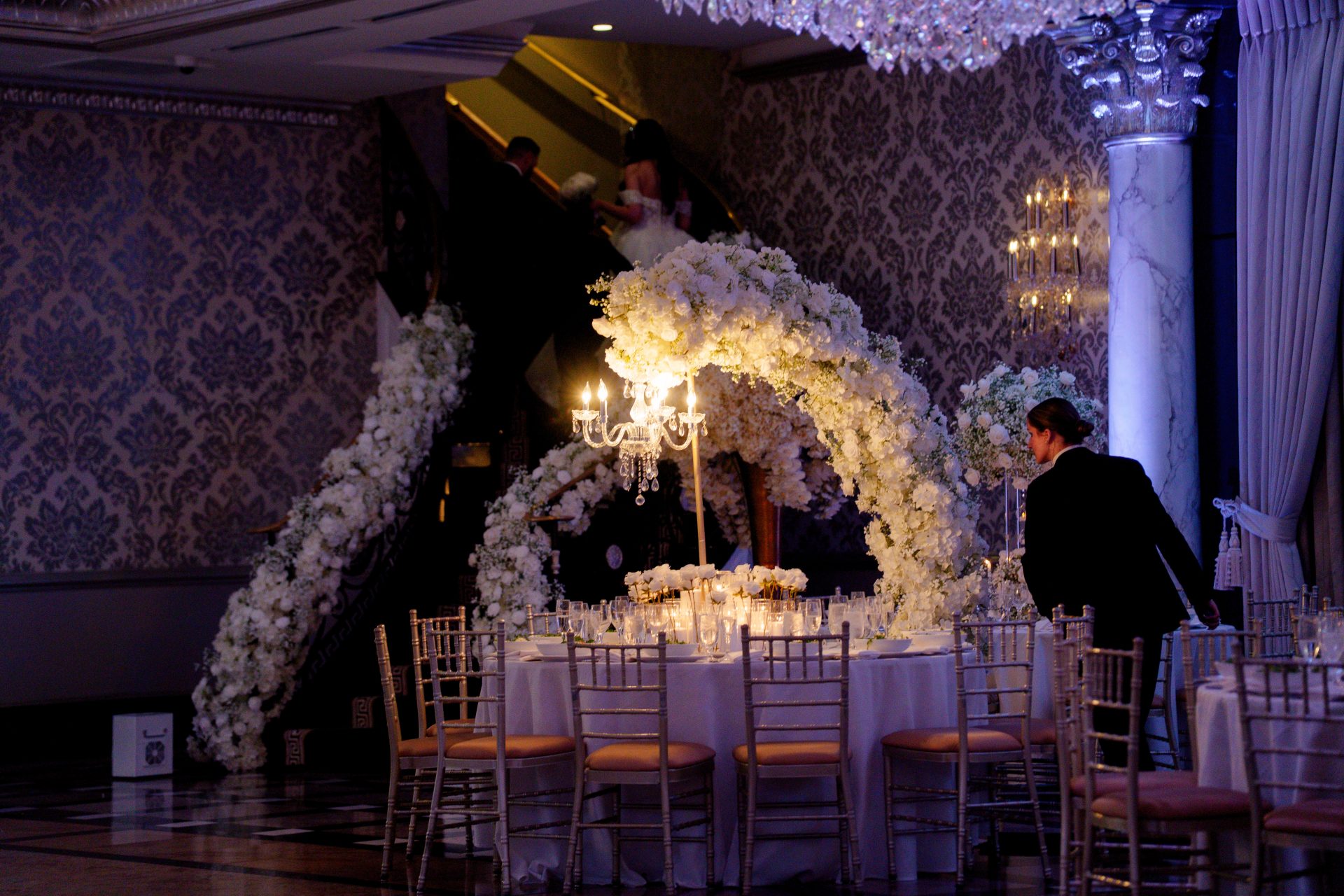 Bridal entrance staircase florals