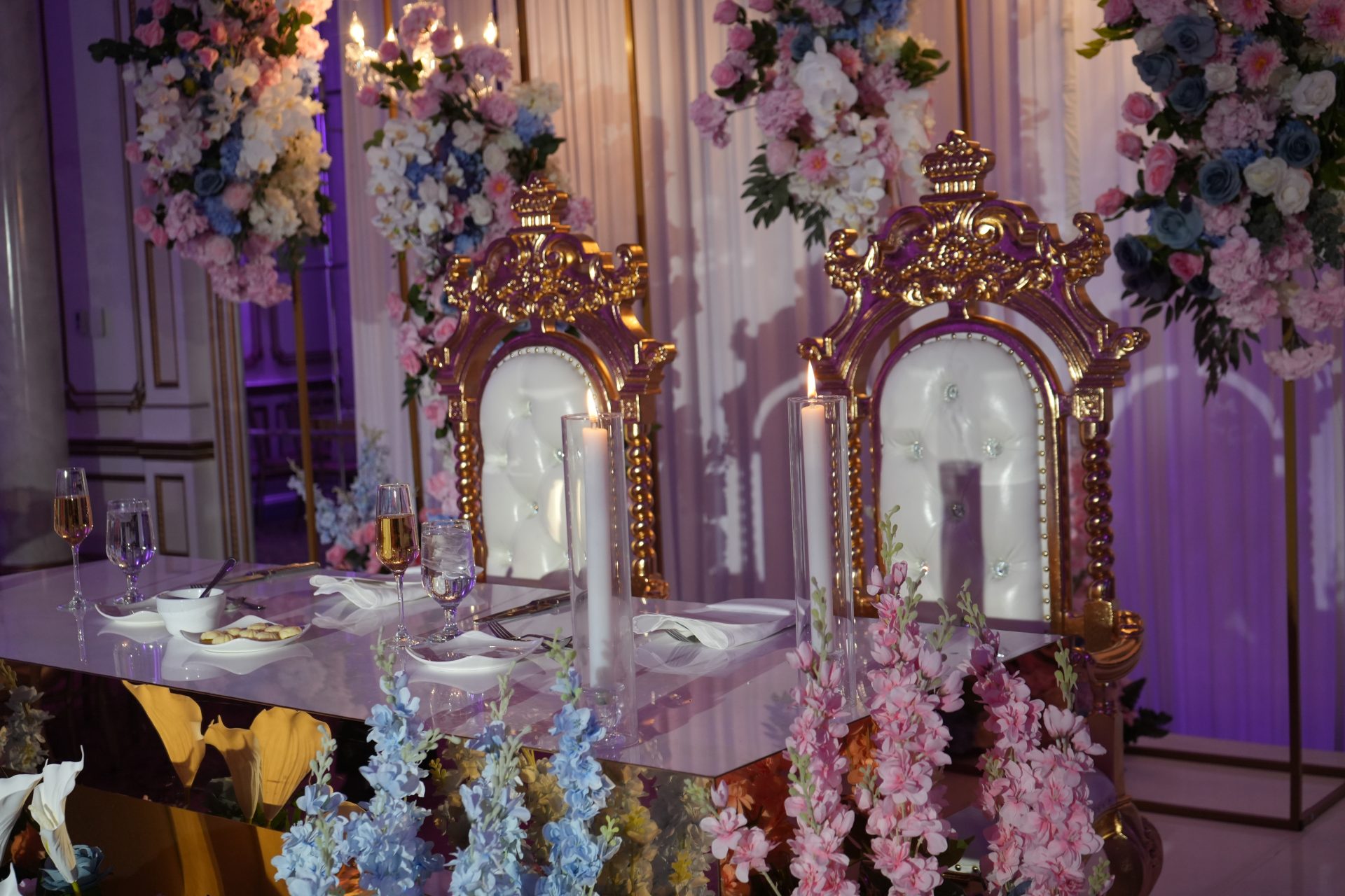 Wide ballroom view behind colorful floral runner