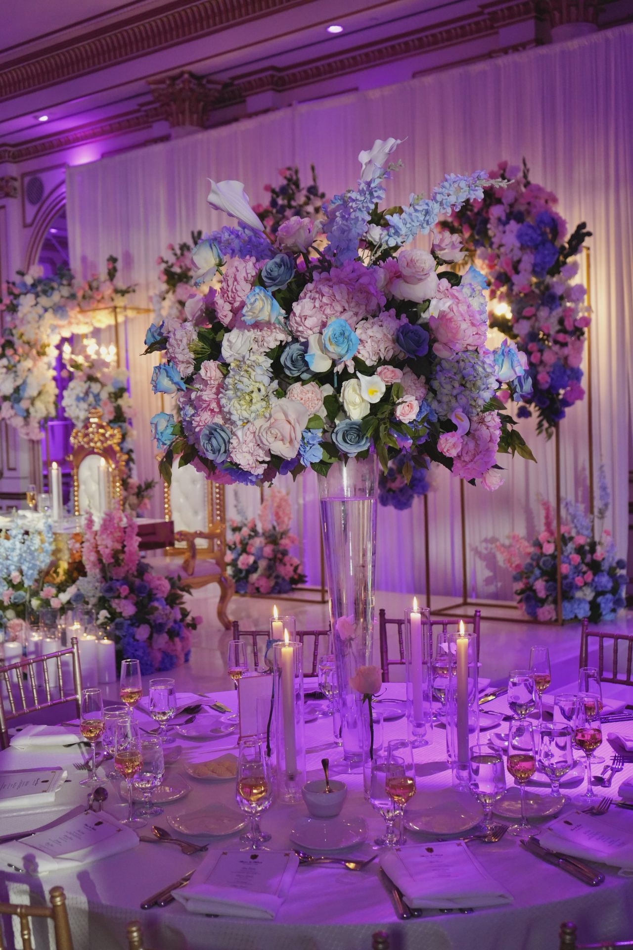 Gold throne chairs sweetheart table pink blue floral