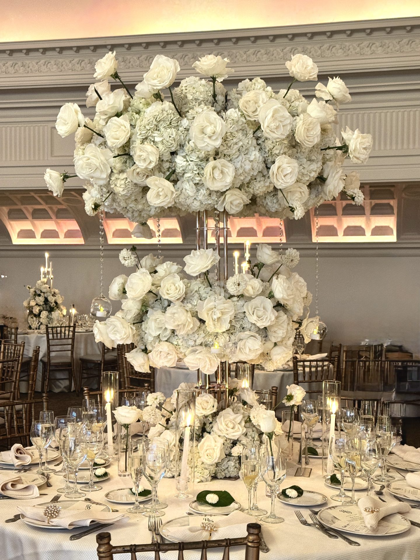 3-tier tall floral centerpiece with chandelier ballroom — Park Chateau